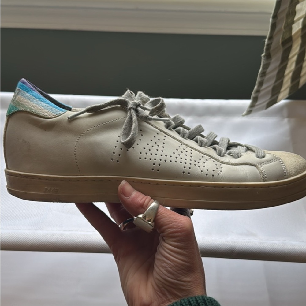P448 White Sneakers with Blue and Green Accents